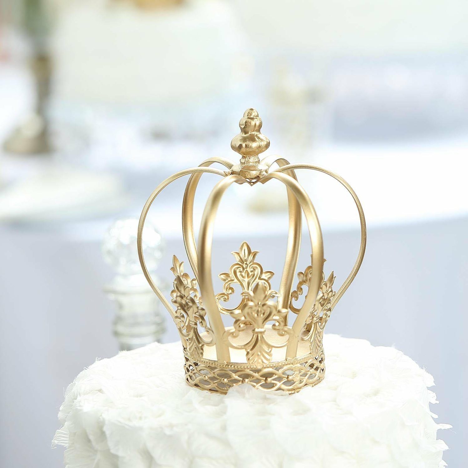 Cake Toppers | Gold Metal Fleur-De-Lis Sides Royal Crown Cake Topper, Centerpiece 8″ Cake & Dessert Table Cake Toppers