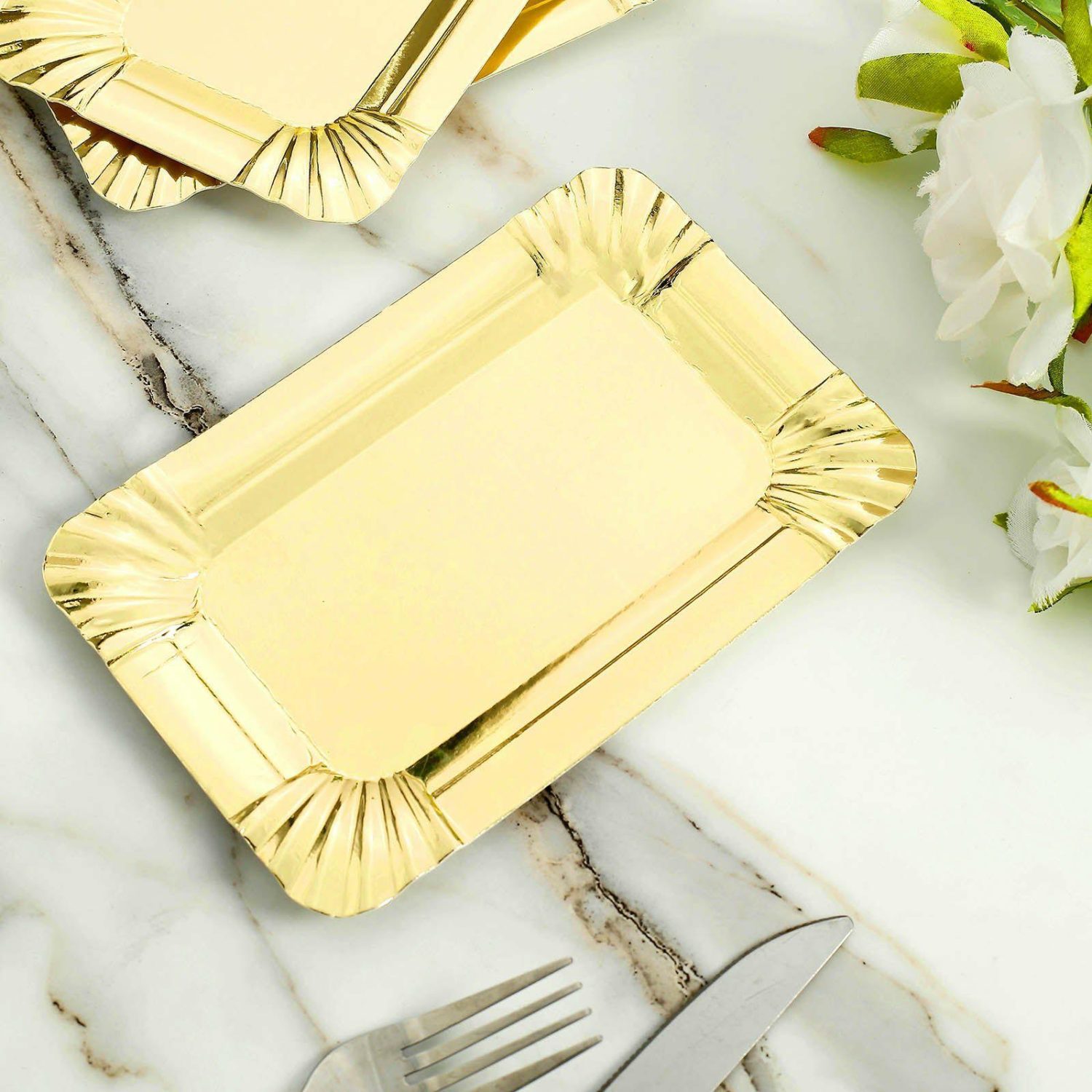 Decorative Trays & Jars | 10 Pack Metallic Gold Small Paper Cardboard Serving Trays, Rectangle Party Platters With Scalloped Rim 400 GSM 6″ Cake & Dessert Table Decorative Trays & Jars