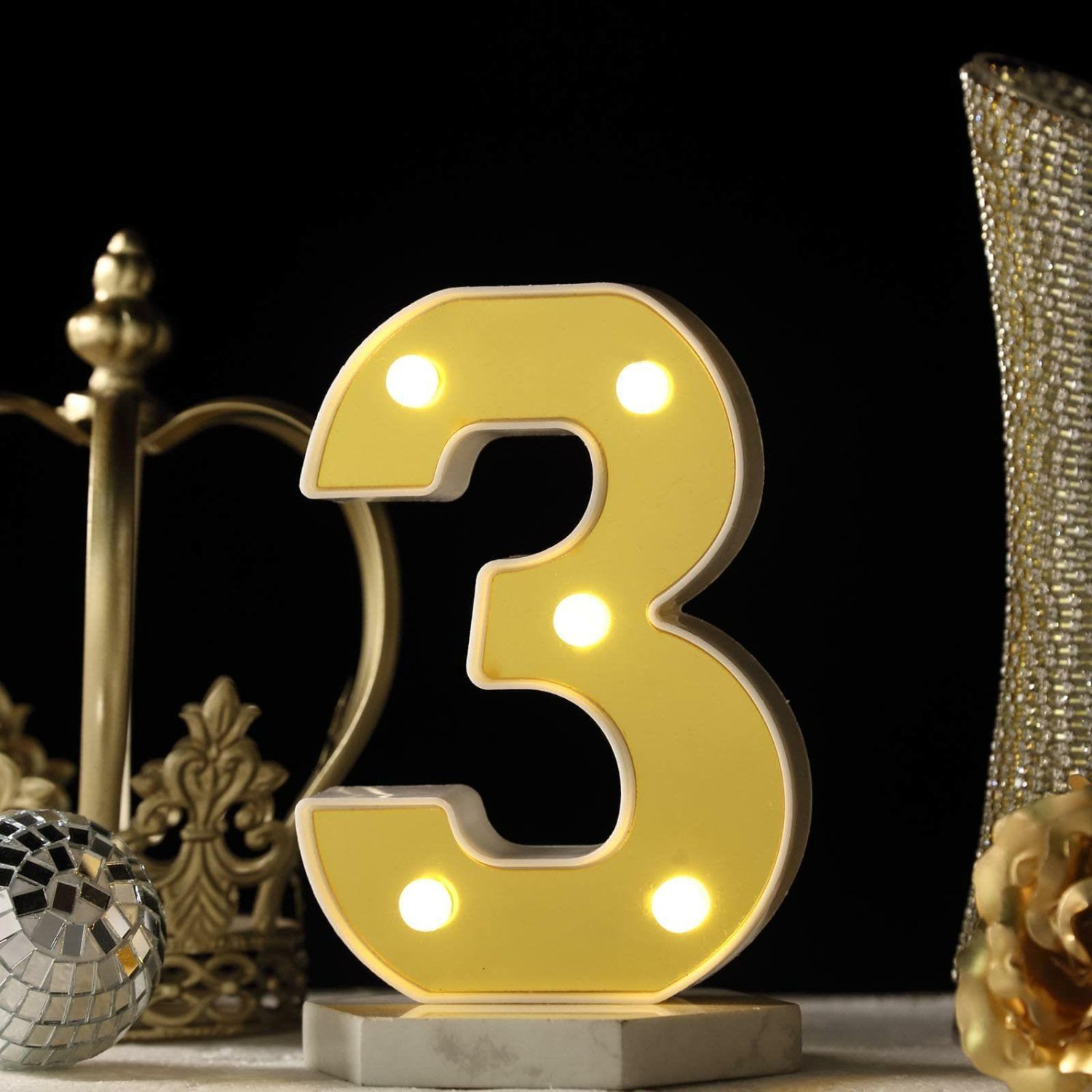 Letters & Table Numbers | Gold 3D Marquee Numbers “3” – Warm White 5 LED Light Up Numbers 6″ Letters & Table Numbers 3