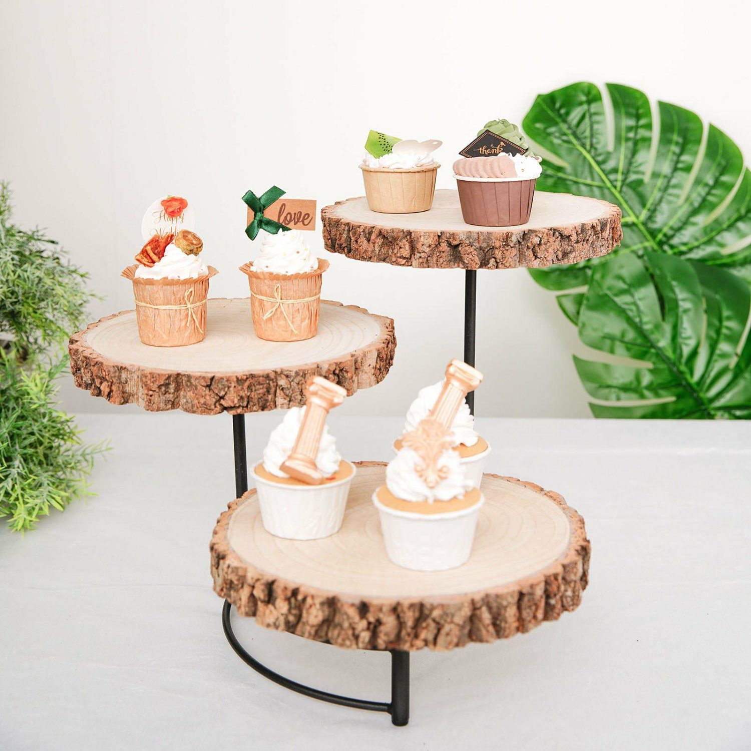 Cake Stand & Riser | 3-Tier Wood Slice Cheese Board, Cupcake Stand, Half Moon Rustic Centerpiece 12″ Tall Cake & Dessert Table 3 Tier Half Moon Stand