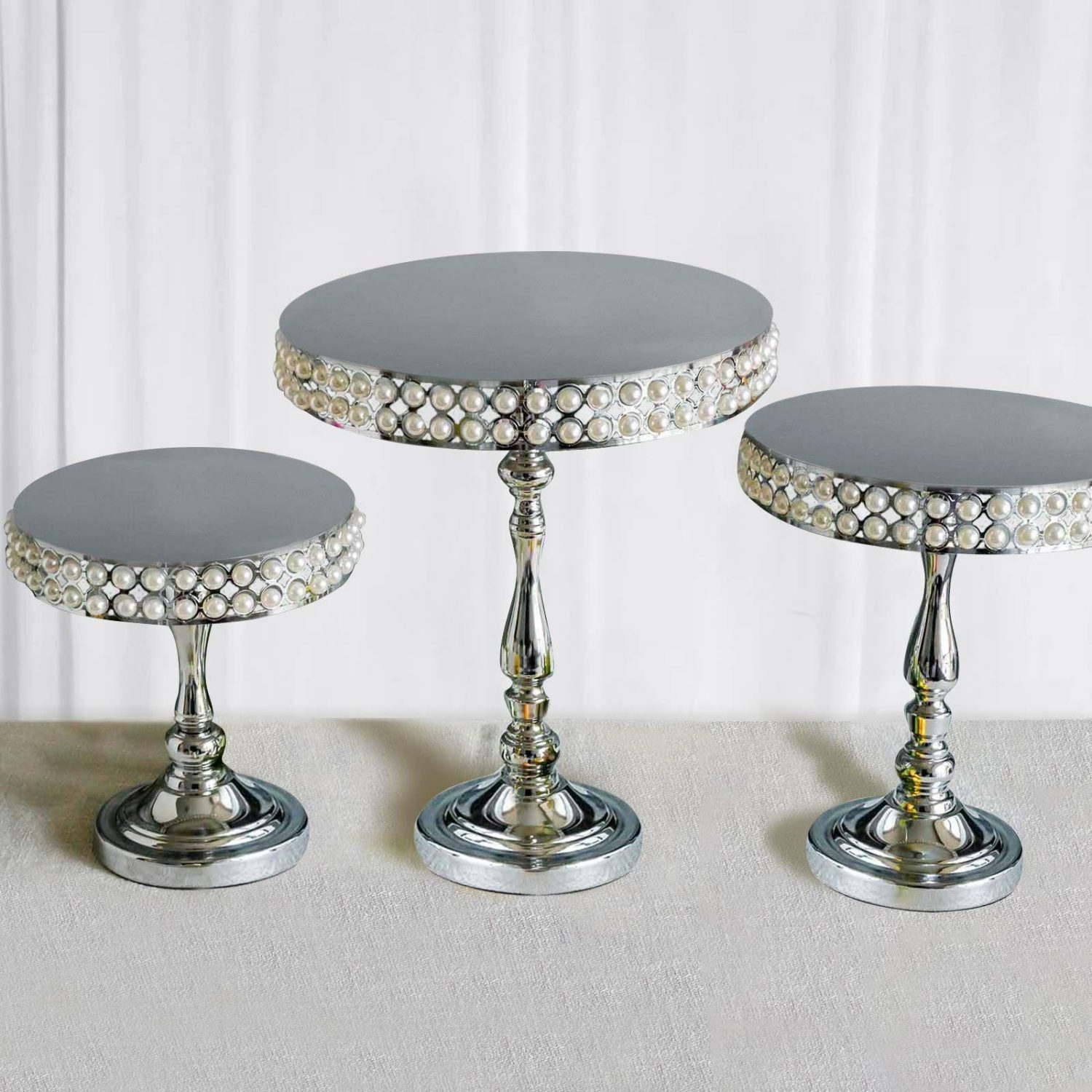 Cake Stand & Riser | Set of 3 Silver Pearl Beaded Wedding Cake Stands, Dessert Pedestals, Cupcake Stands Cake & Dessert Table Cake Stand & Riser