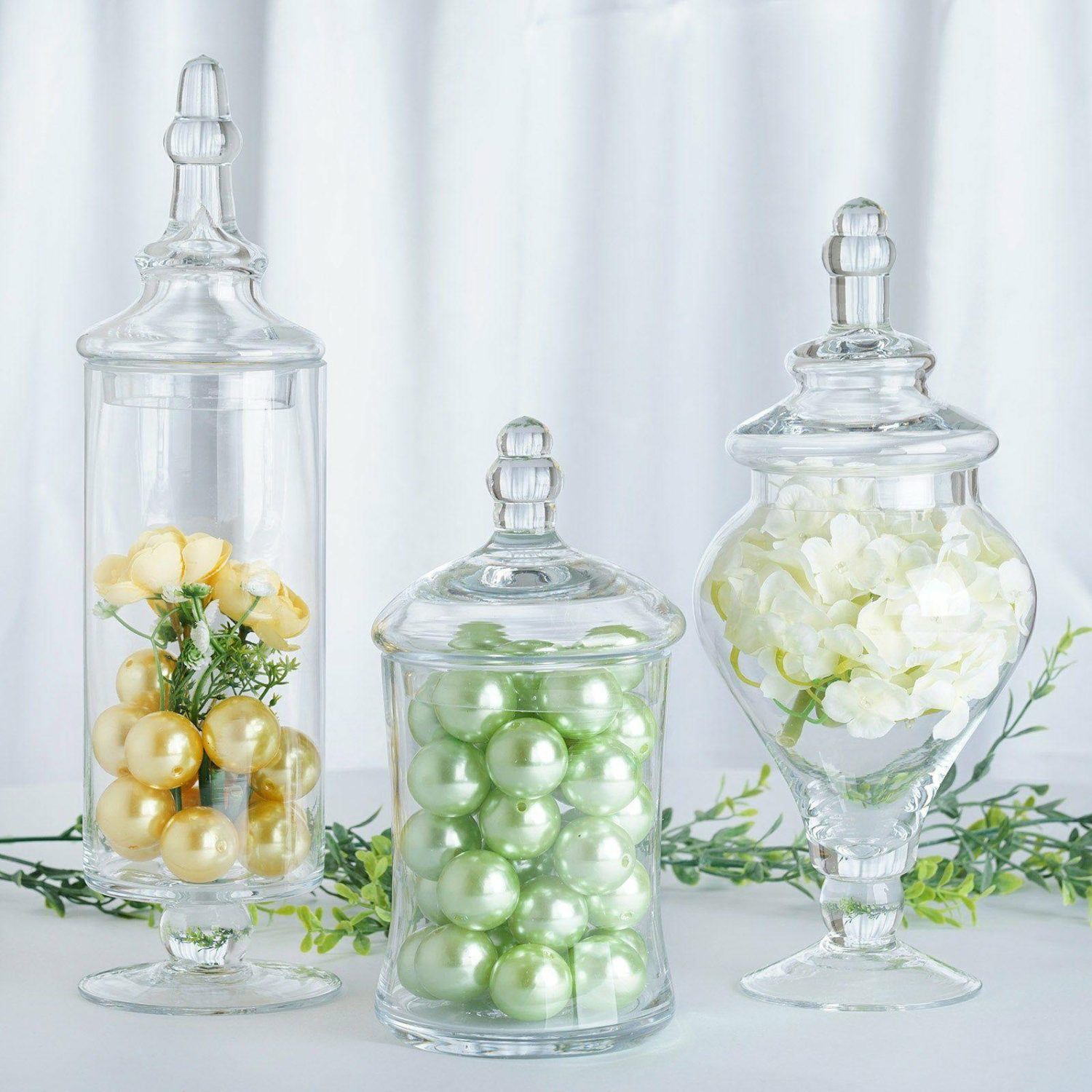 Decorative Trays & Jars | Set of 3 Clear Glass Modern Apothecary Party Favor Candy Jars With Snap On Lids 9″/13″/14″ Cake & Dessert Table Decorative Trays & Jars