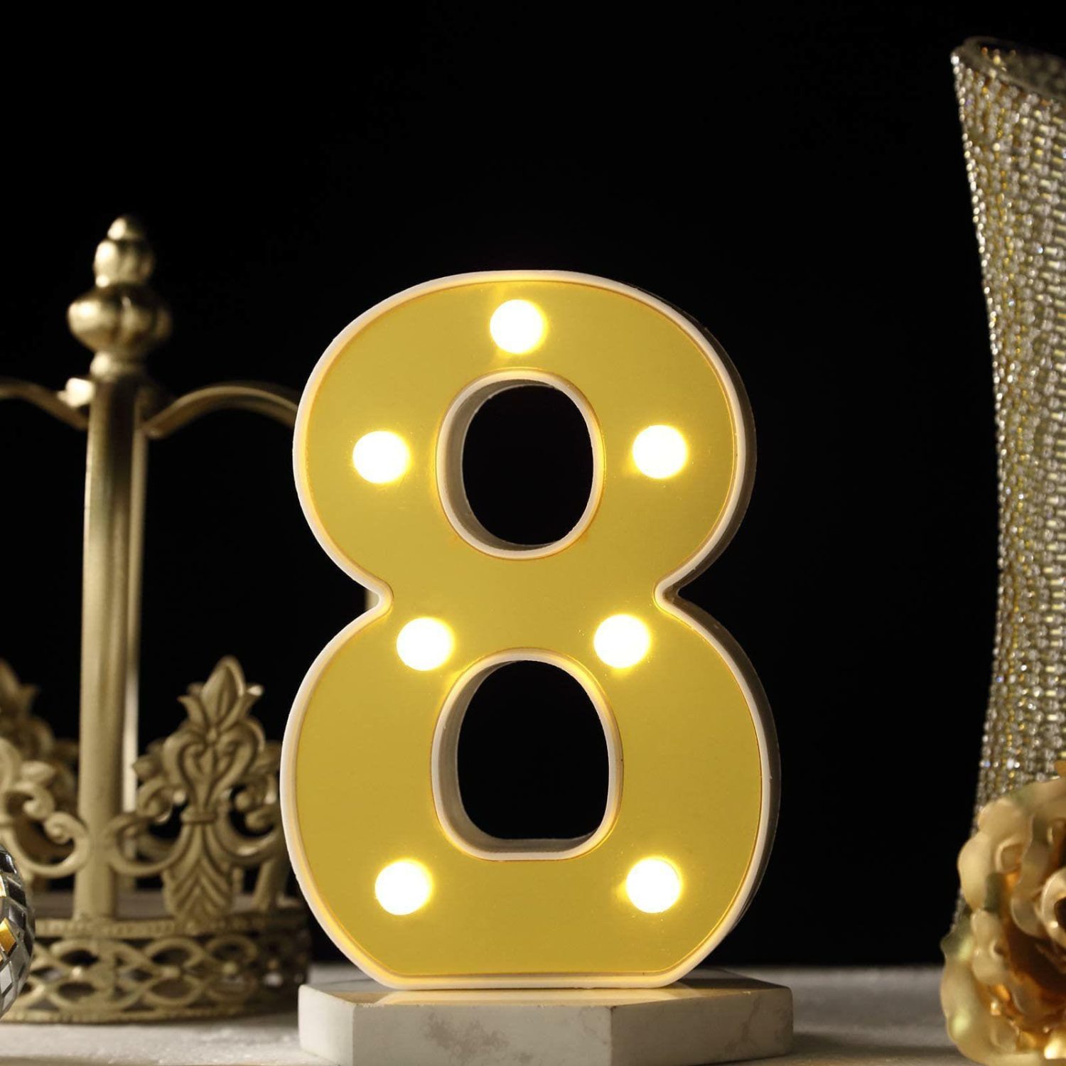 Letters & Table Numbers | Gold 3D Marquee Numbers “8” – Warm White 7 LED Light Up Numbers 6″ Letters & Table Numbers 8