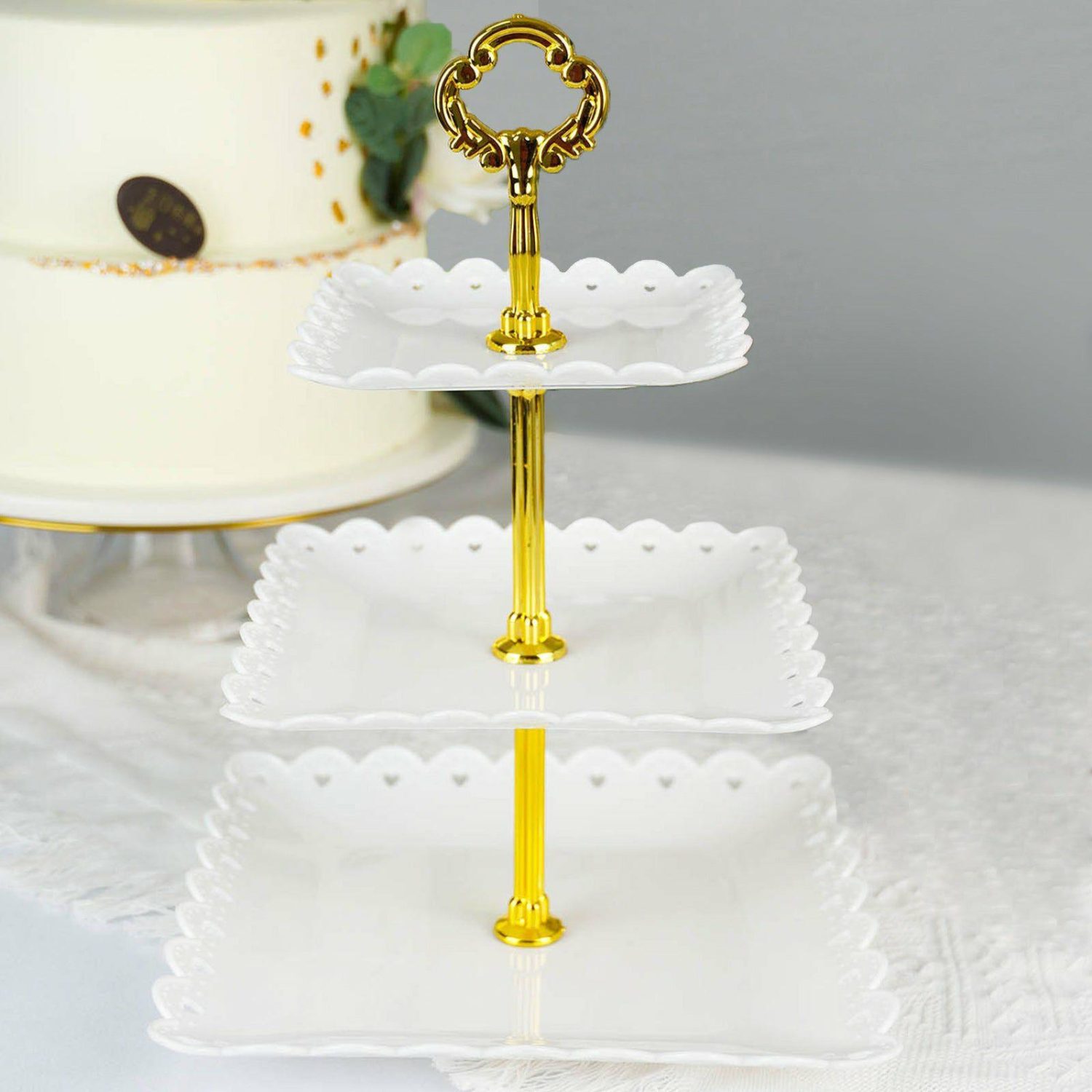 Tiered Cake Stand | 3-Tier White Gold Wavy Square Edge Cupcake Stand, Dessert Holder, Plastic With Top Handle 13″ Cake & Dessert Table Gold/White