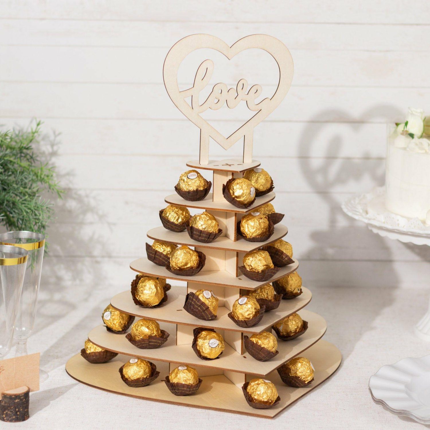 Tiered Cake Stand | Natural Wooden Heart Chocolate Display Stand with “Love” Topper, DIY Dessert Table Tower Rack 16″ 7-Tier Cake & Dessert Table 7 Tier Romantic Heart Shaped