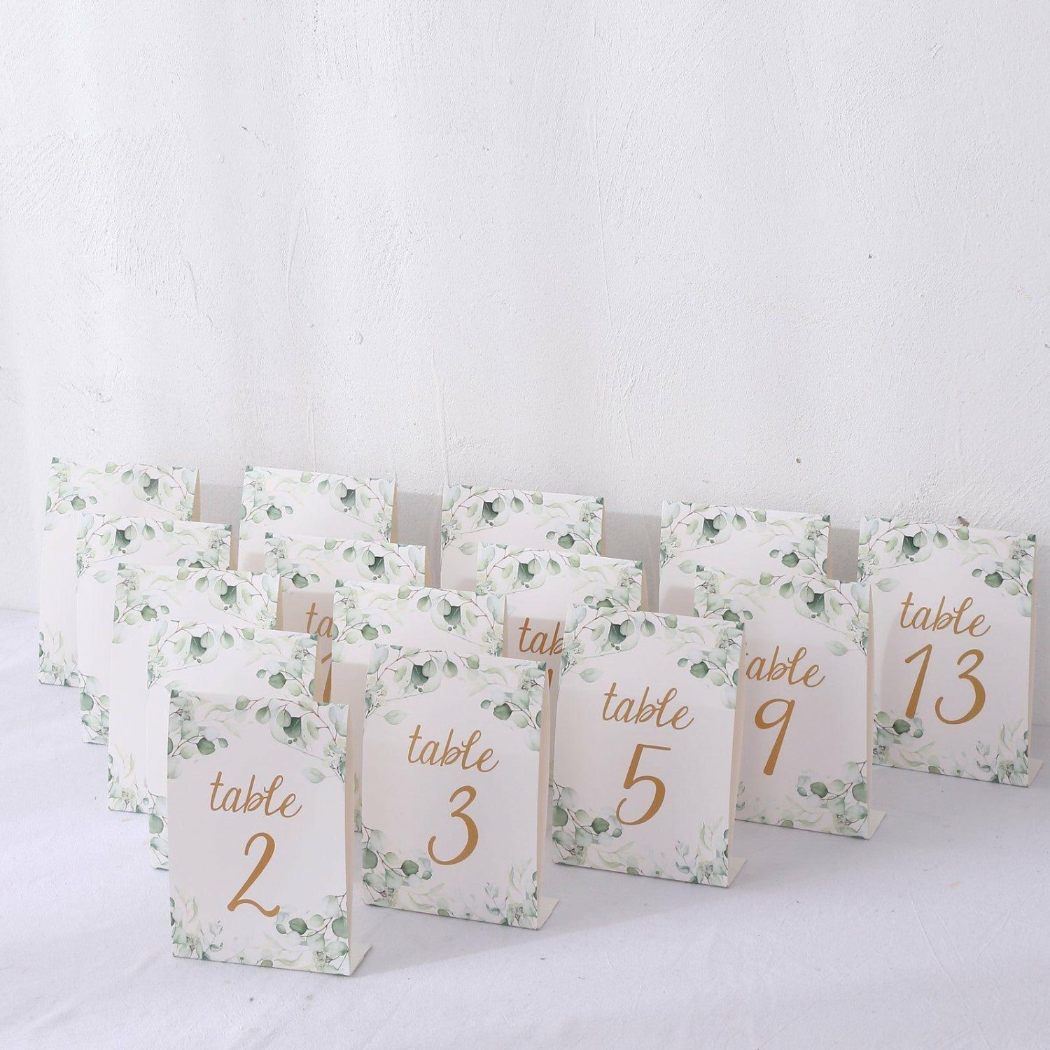 Letters & Table Numbers | 25 Pack White Green Wedding Table Numbers with Eucalyptus Leaves and Gold Foil Numbers Print, 7″  Free Standing Double Sided Paper Table Sign Cards 1-25 Letters & Table Numbers Eucalyptus Leaves