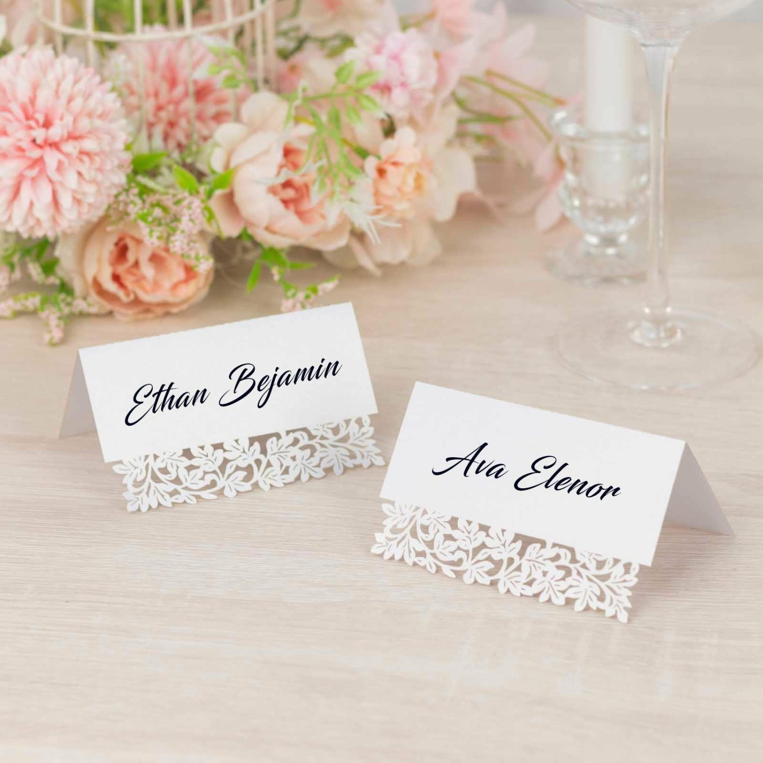 Letters & Table Numbers | 50 Pack White Wedding Table Name Place Cards with Laser Cut Leaf Vine Design, Printable Reservation Seating Tent Cards – 210 GSM Letters & Table Numbers Leaf Vine