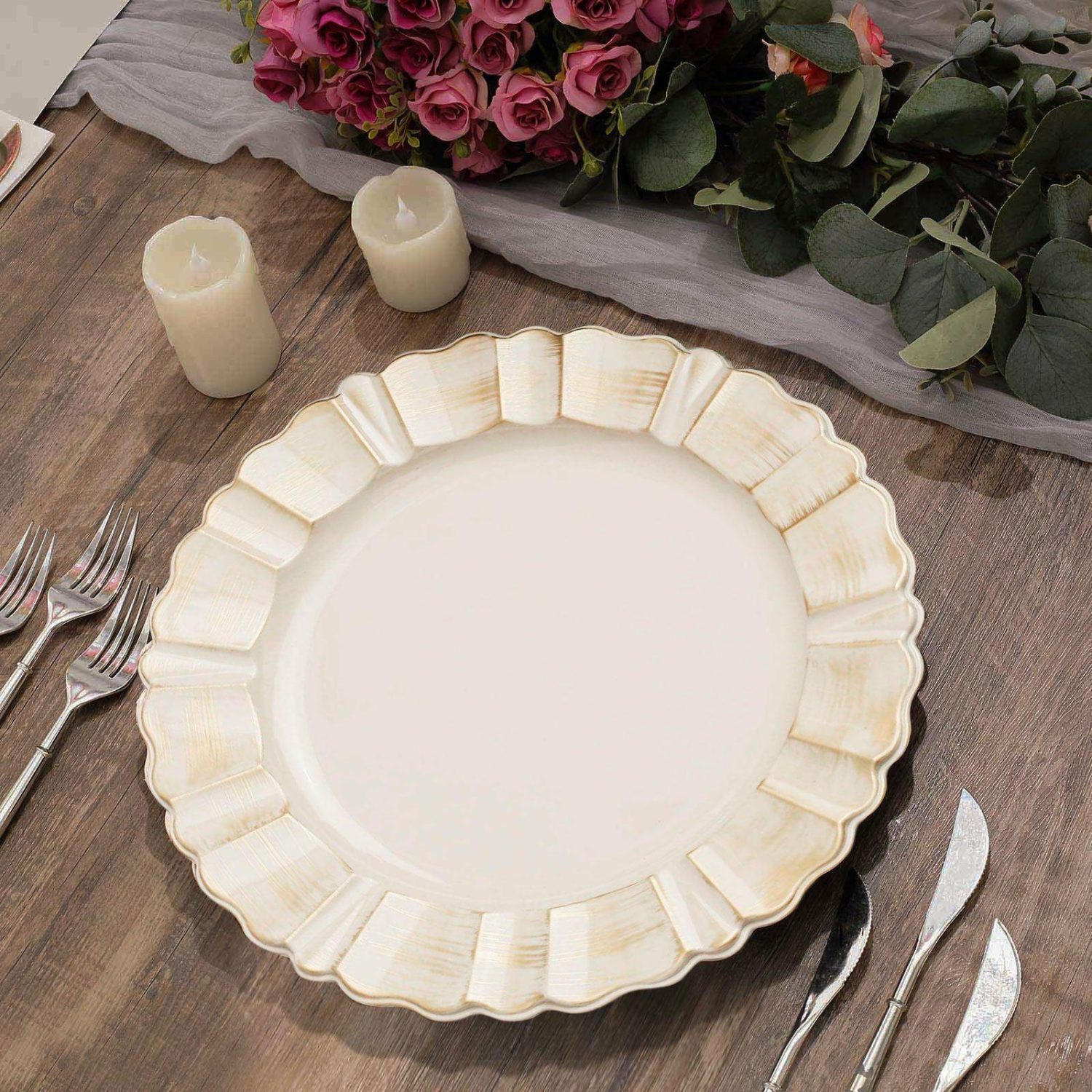 Charger Plates | 6 Pack Beige Acrylic Plastic Charger Plates With Gold Brushed Wavy Scalloped Rim 13″ Round Charger Plates Beige