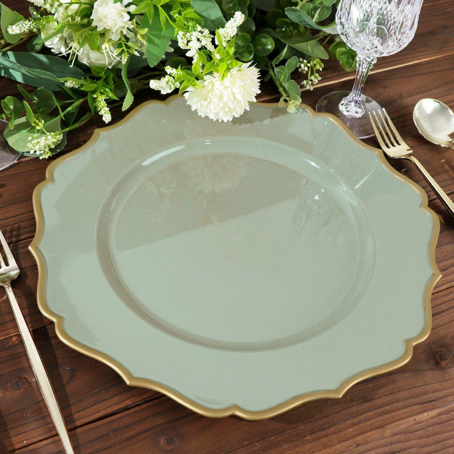 Charger Plates | 6 Pack Dusty Sage Green / Gold Scalloped Rim Acrylic Charger Plates, Round Plastic Charger Plates 13″ Charger Plates Charger Plates