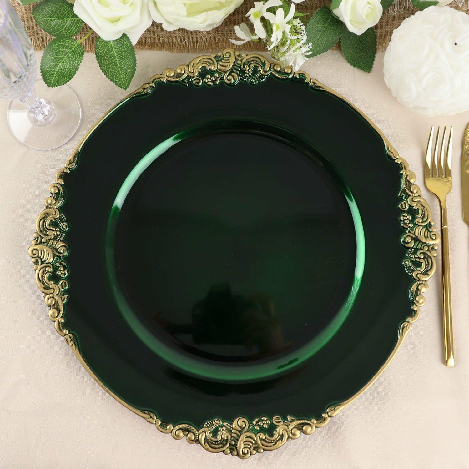 Charger Plates | 6 Pack Hunter Emerald Green Gold Embossed Baroque Round Charger Plates With Antique Design Rim 13″ Charger Plates Charger Plates