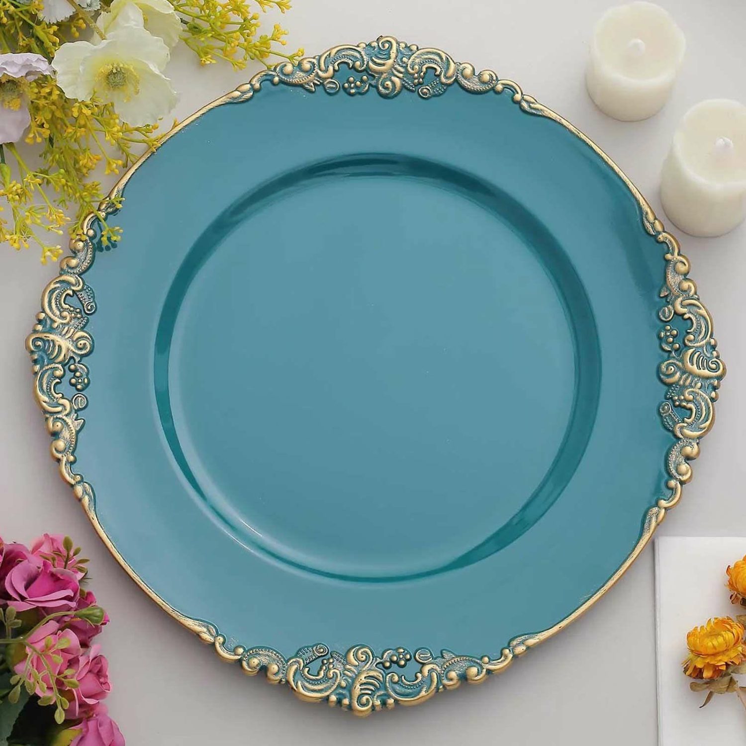 Charger Plates | 6 Pack Peacock Teal Gold Embossed Baroque Round Charger Plates With Antique Design Rim 13″ Charger Plates Charger Plates