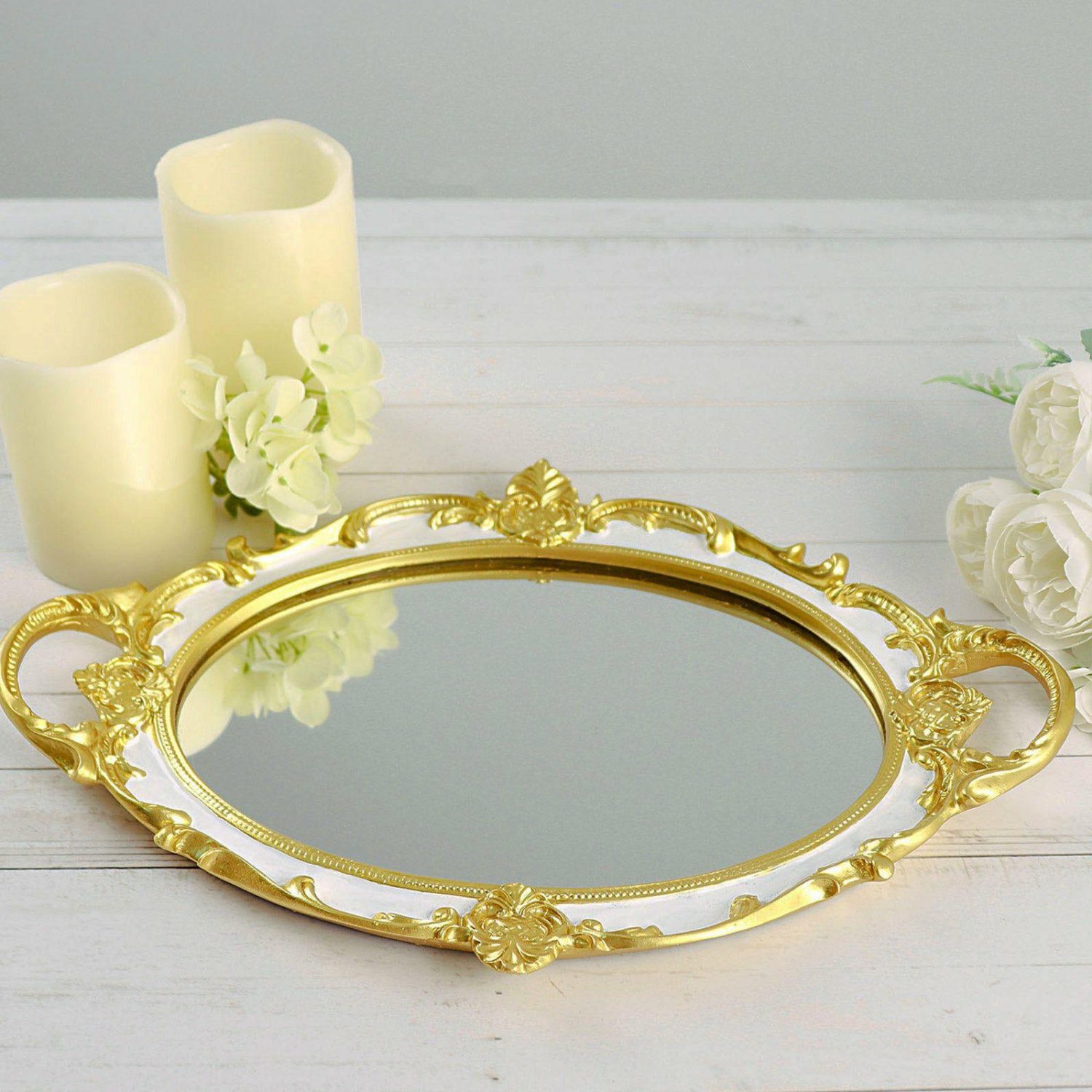 Decorative Trays | Metallic Gold/White Oval Resin Decorative Vanity Serving Tray, Mirrored Tray with Handles 14″x10″ Chargers Decorative Trays