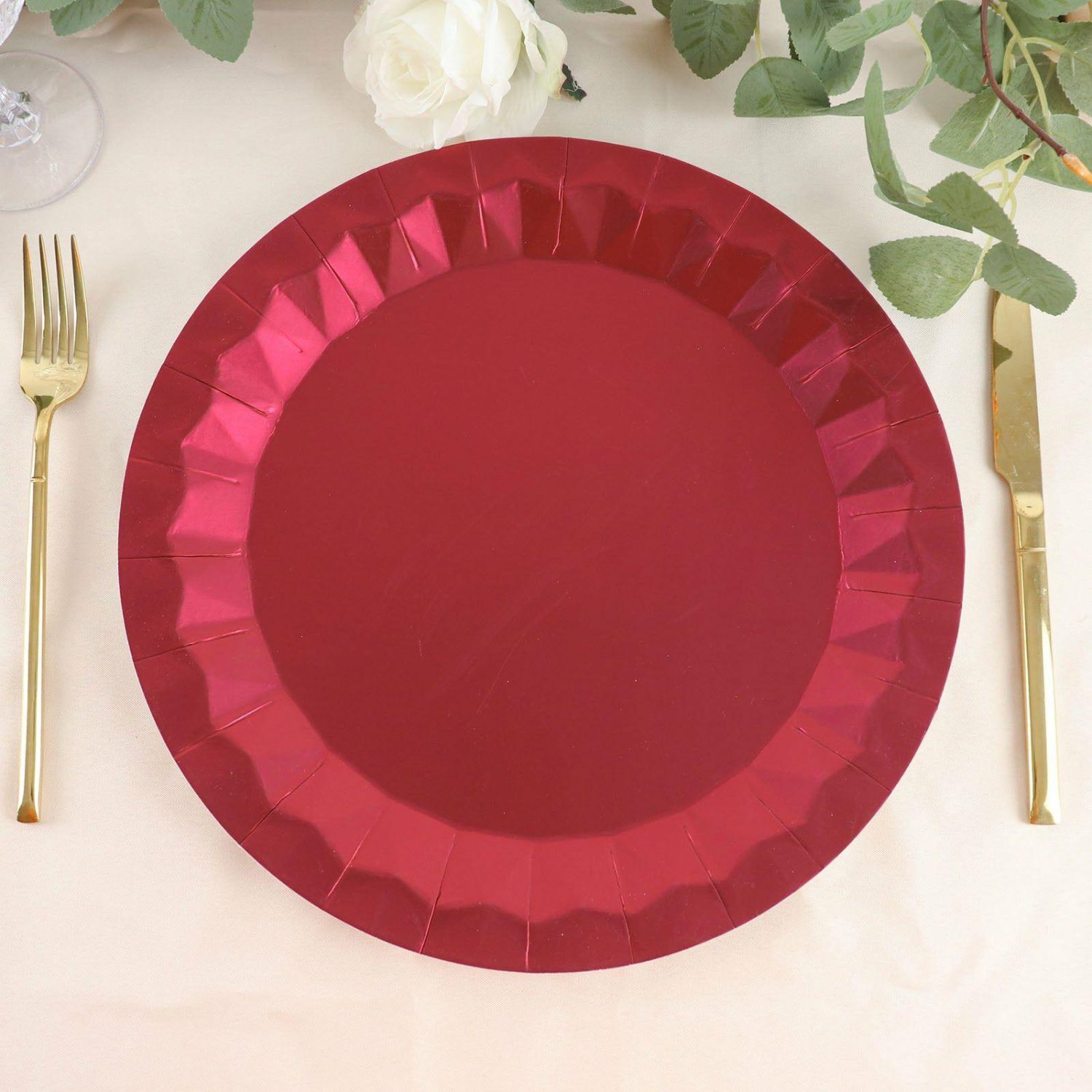 Disposable Chargers | 25 Pack Burgundy Geometric Foil Paper Charger Plates, Disposable Serving Trays 400 GSM 12″ Round Chargers Burgundy