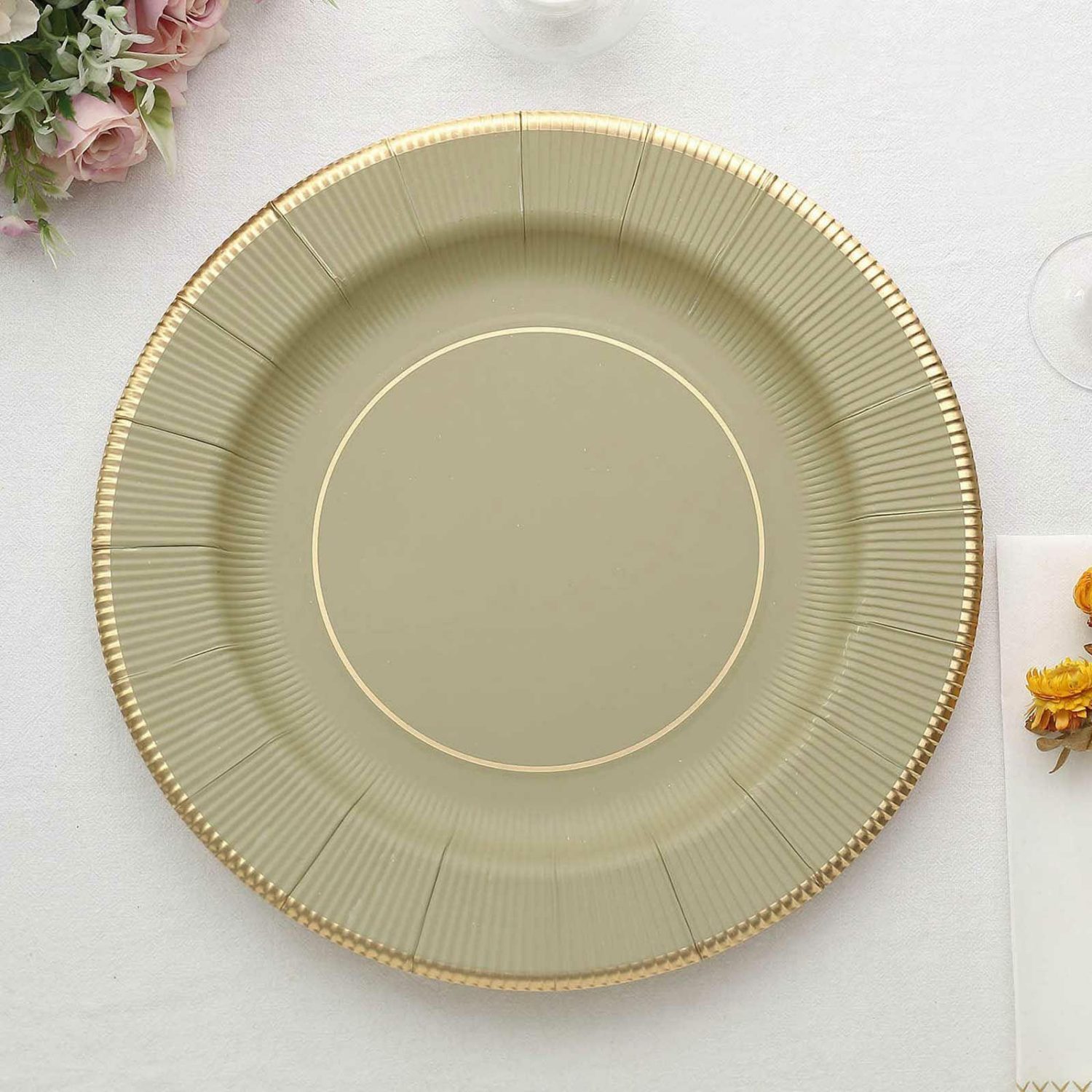 Disposable Chargers | 25 Pack Khaki Gold Rim Sunray Heavy Duty Paper Serving Plates, Disposable Charger Plates 350 GSM 13″ Chargers Disposable Chargers