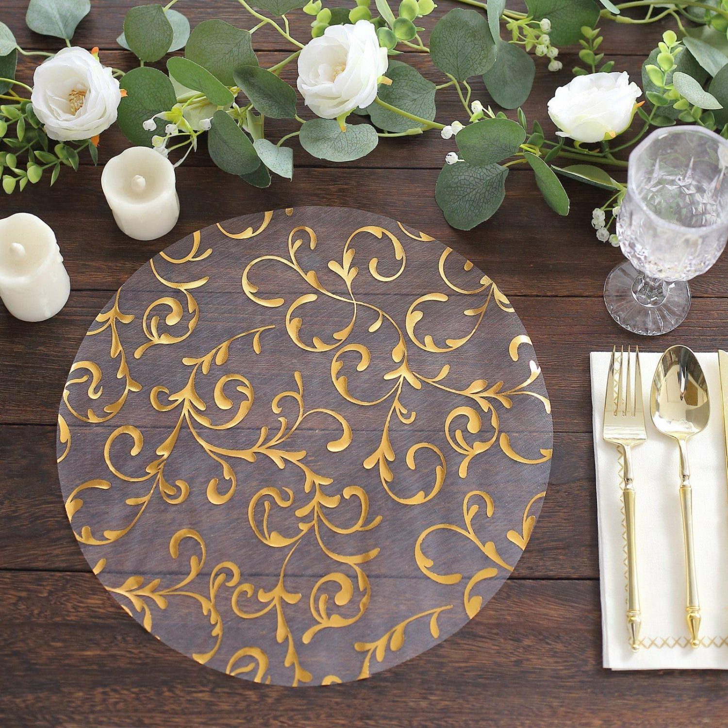 Placemats | 10 Pack Metallic Gold Sheer Organza Round Placemats with Embossed Foil Flower Design, 13″ Disposable Dining Table Mats Chargers Metallic Gold