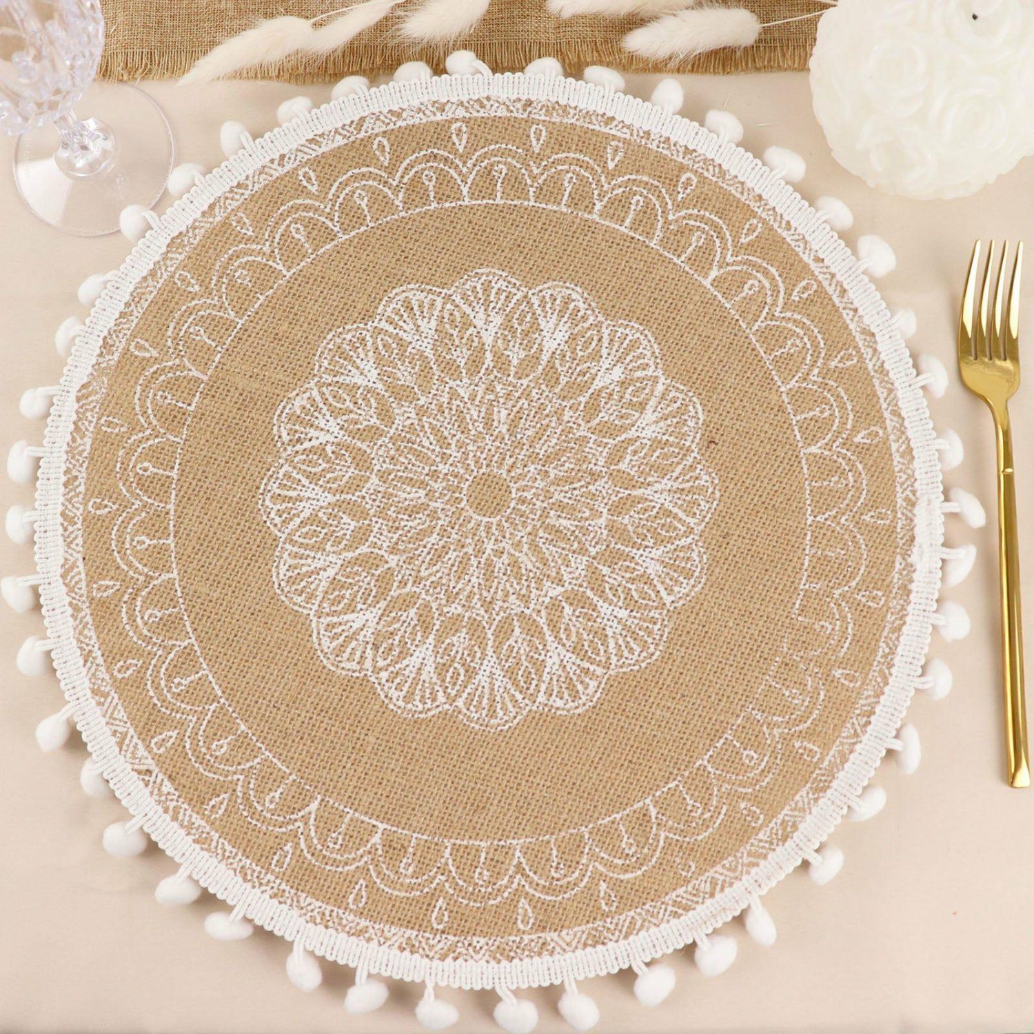 Placemats | 4 Pack Natural Jute and White Embroidery Mandala Print Placemats, Rustic Round Woven Burlap Tassel Table Mats With Beaded Edges 15″ Chargers Mandala Print w/ Beaded Edges