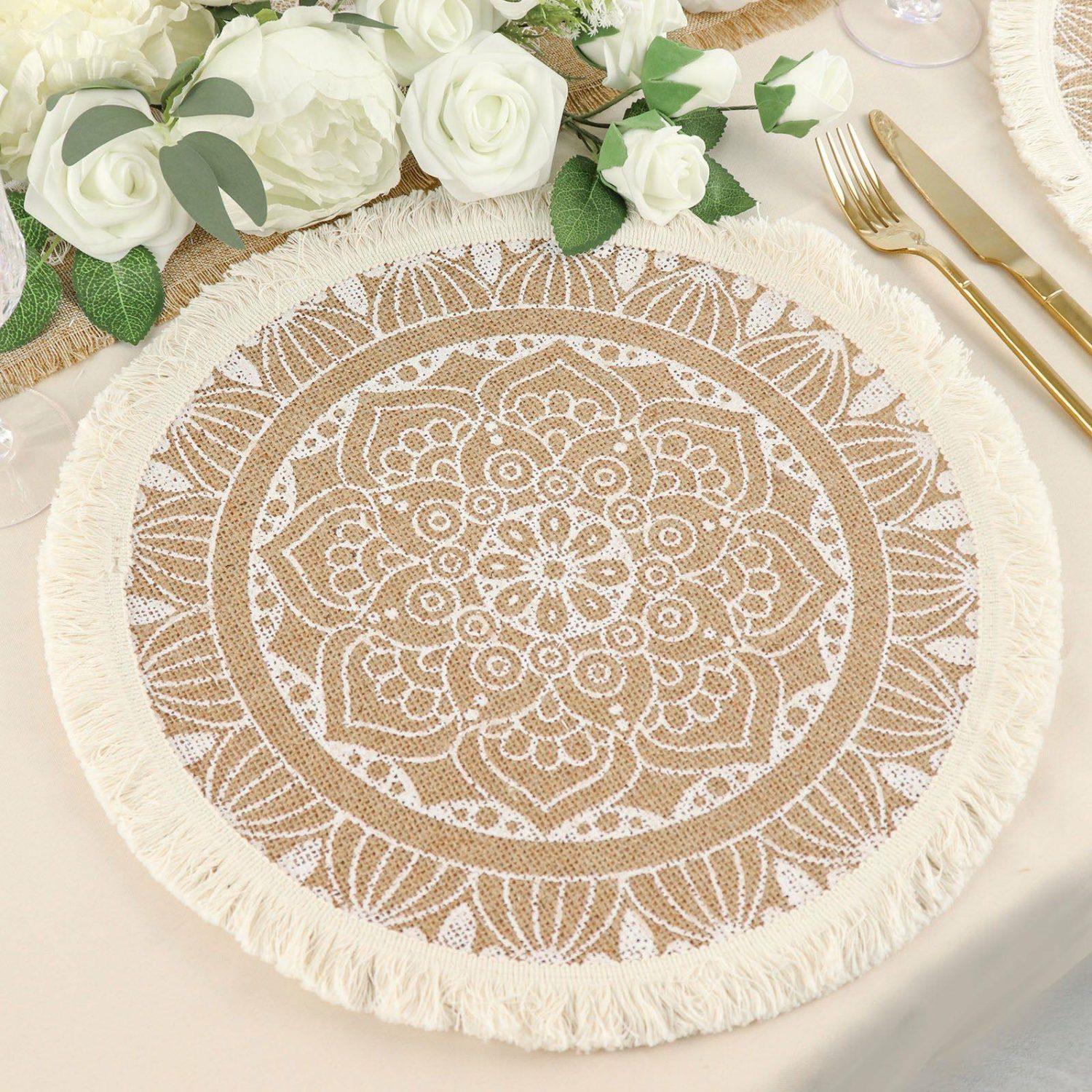 Placemats | 4 Pack Natural Jute and White Mandala Print Fringe Placemats, Rustic Round Woven Burlap Tassel Table Mats 15″ Chargers Mandala Print w/ Fringe Rim