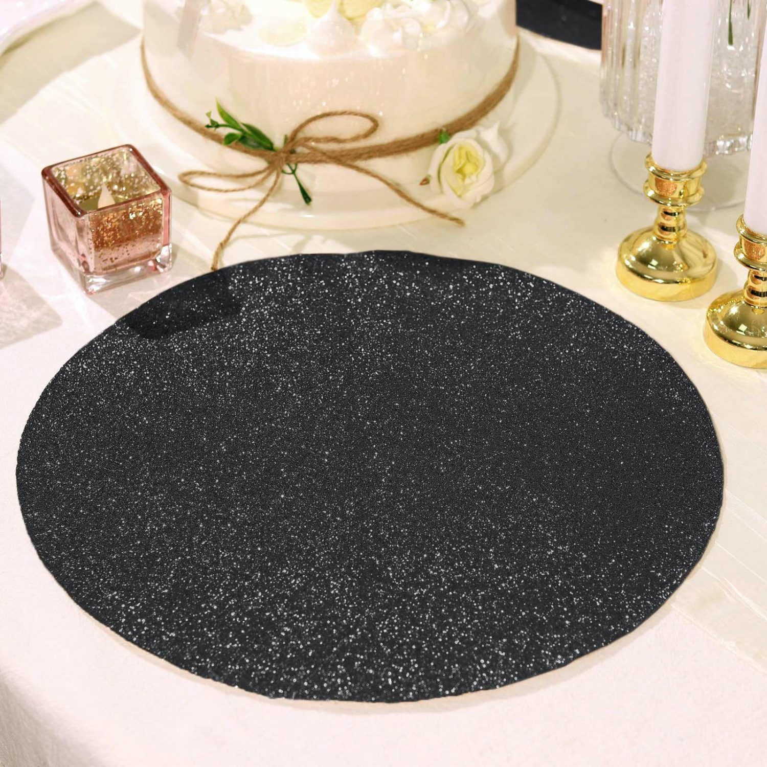 Placemats | 6 Pack Black Sparkle Placemats, Non Slip Decorative Round Glitter Table Mat Chargers Black