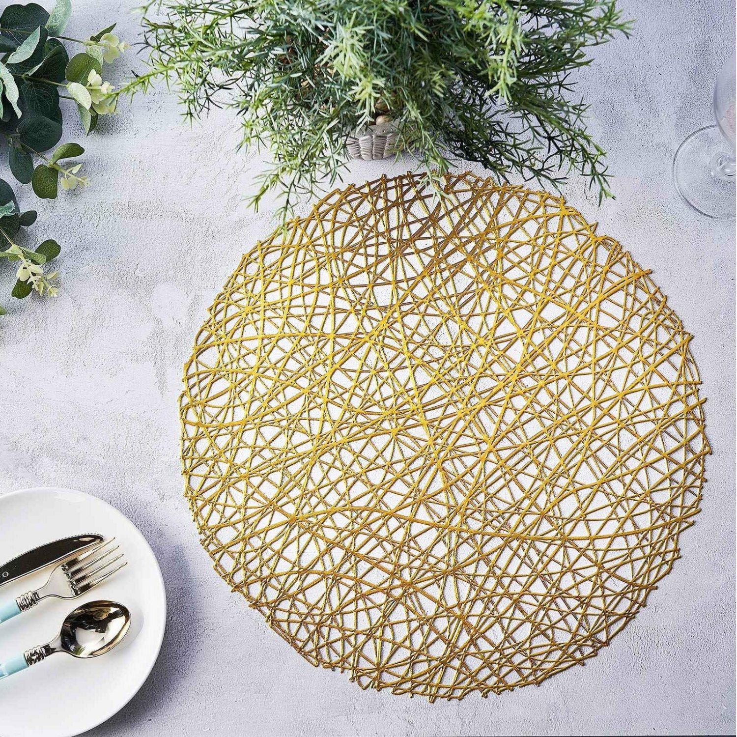 Placemats | 6 Pack Gold Metallic Woven Vinyl Placemats, Non-Slip Round Table Mats 15″ Chargers Gold