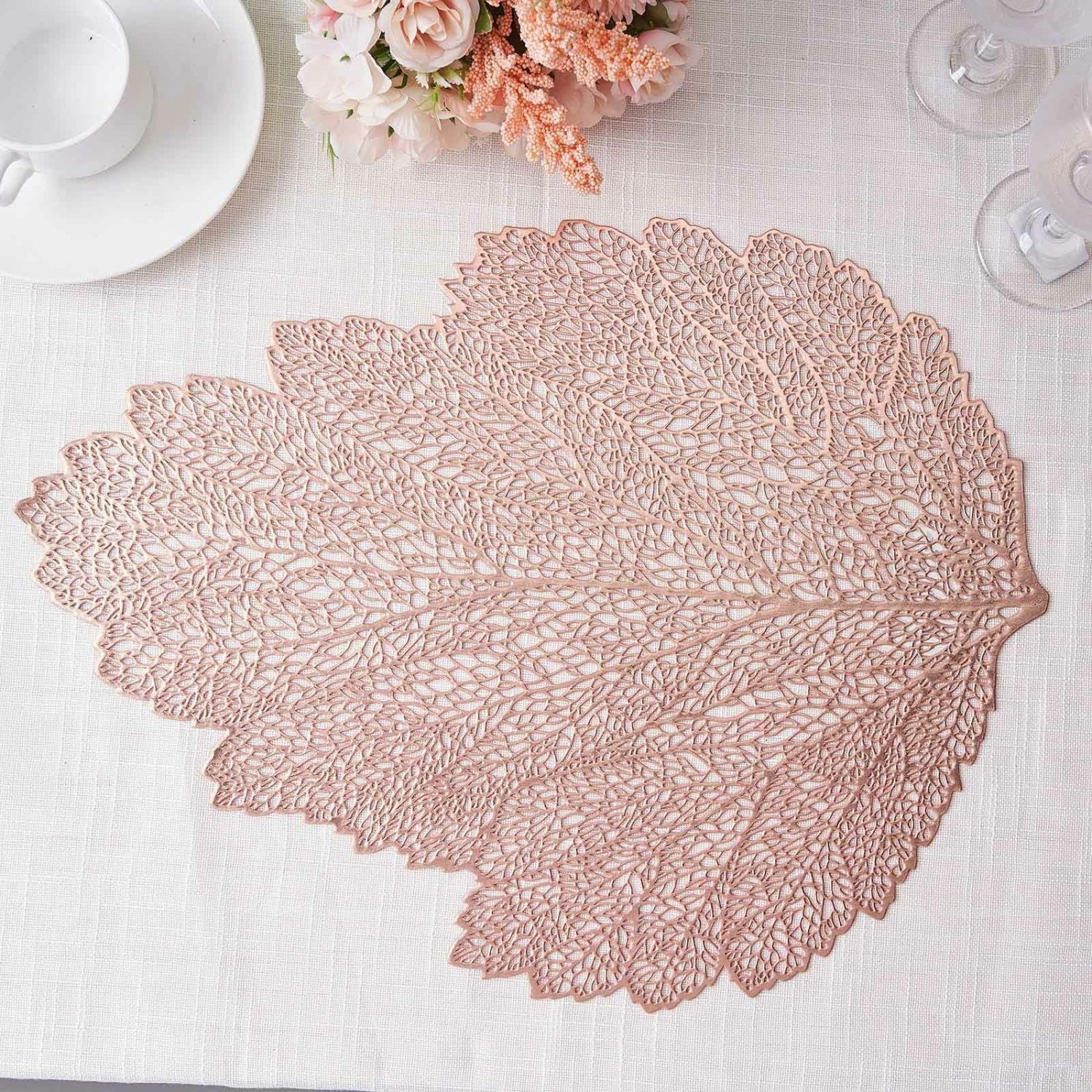 Placemats | 6 Pack Rose Gold Metallic Fall Leaf Vinyl Placemats, Non-Slip Dining Table Mats 18″ Chargers Placemats