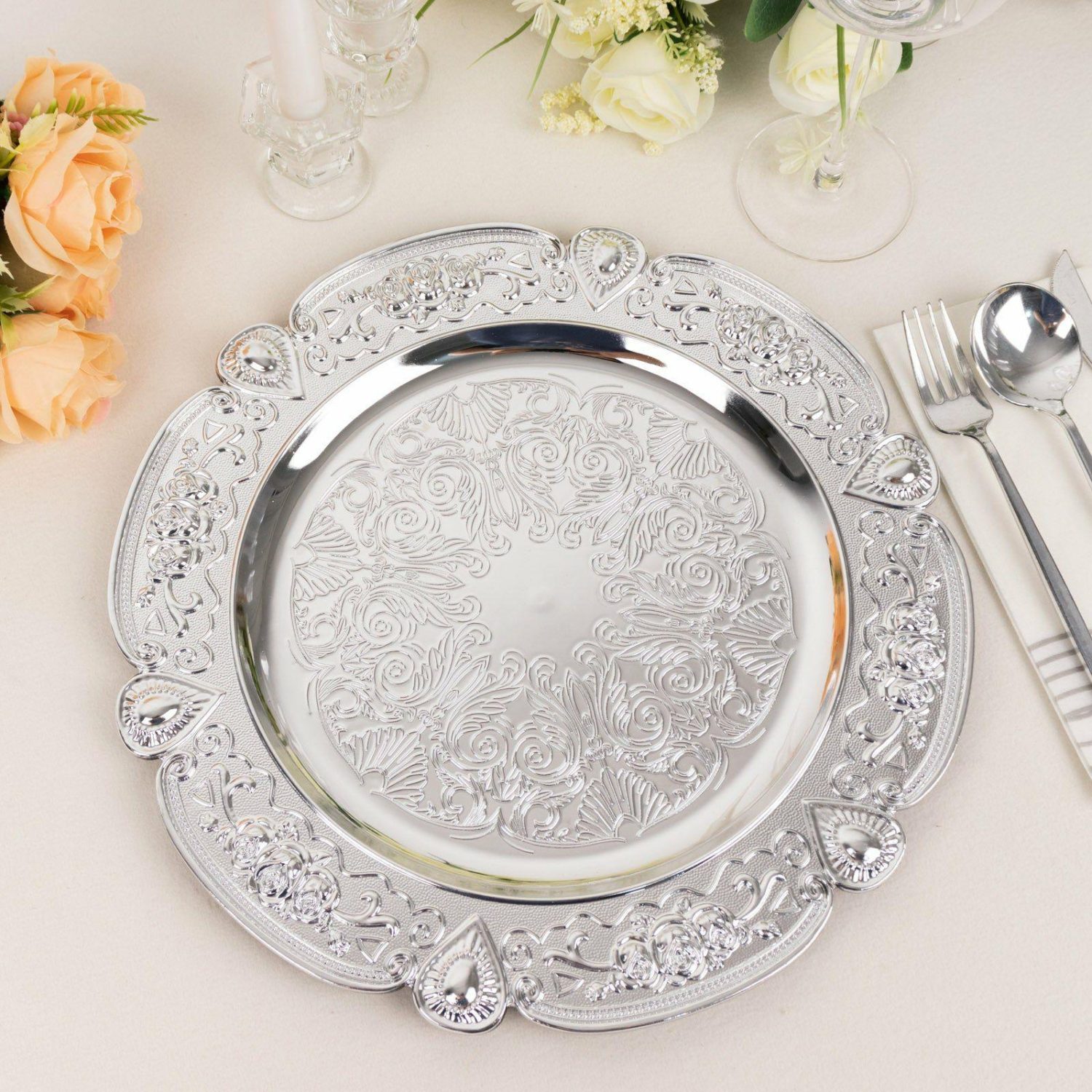 Charger Plates | 6 Pack Silver Floral Embossed Acrylic Charger Plates With Scalloped Rim, 13″ Round Plastic Decorative Serving Plates Charger Plates Charger Plates